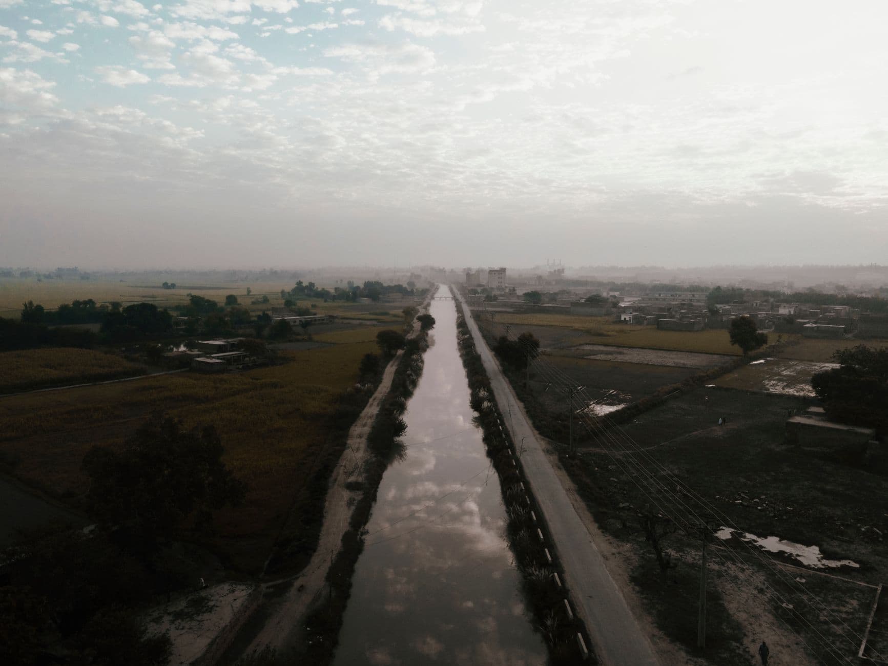 Aerial view of farmland bordered by an irrigation canal in Gujranwala, Punjab