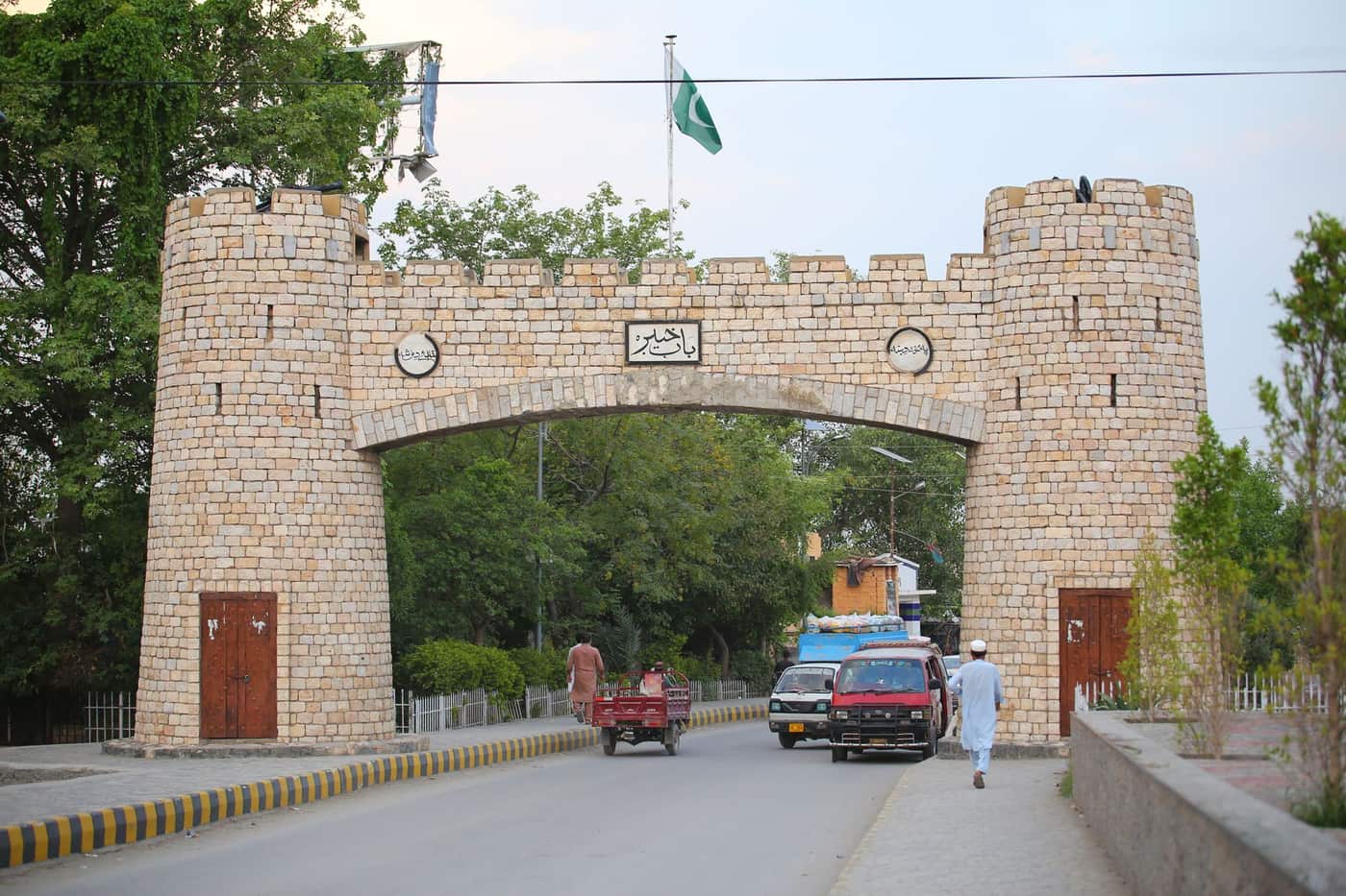 The historic Bab-e-Khyber gateway in Jamrud, Khyber Pakhtunkhwa, with vehicles passing under it