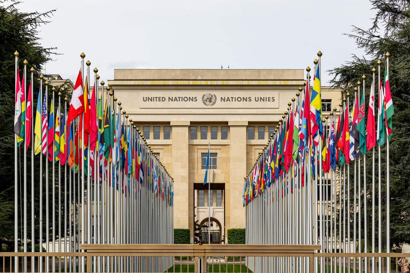 A United Nations building adorned with the flags of member countries
