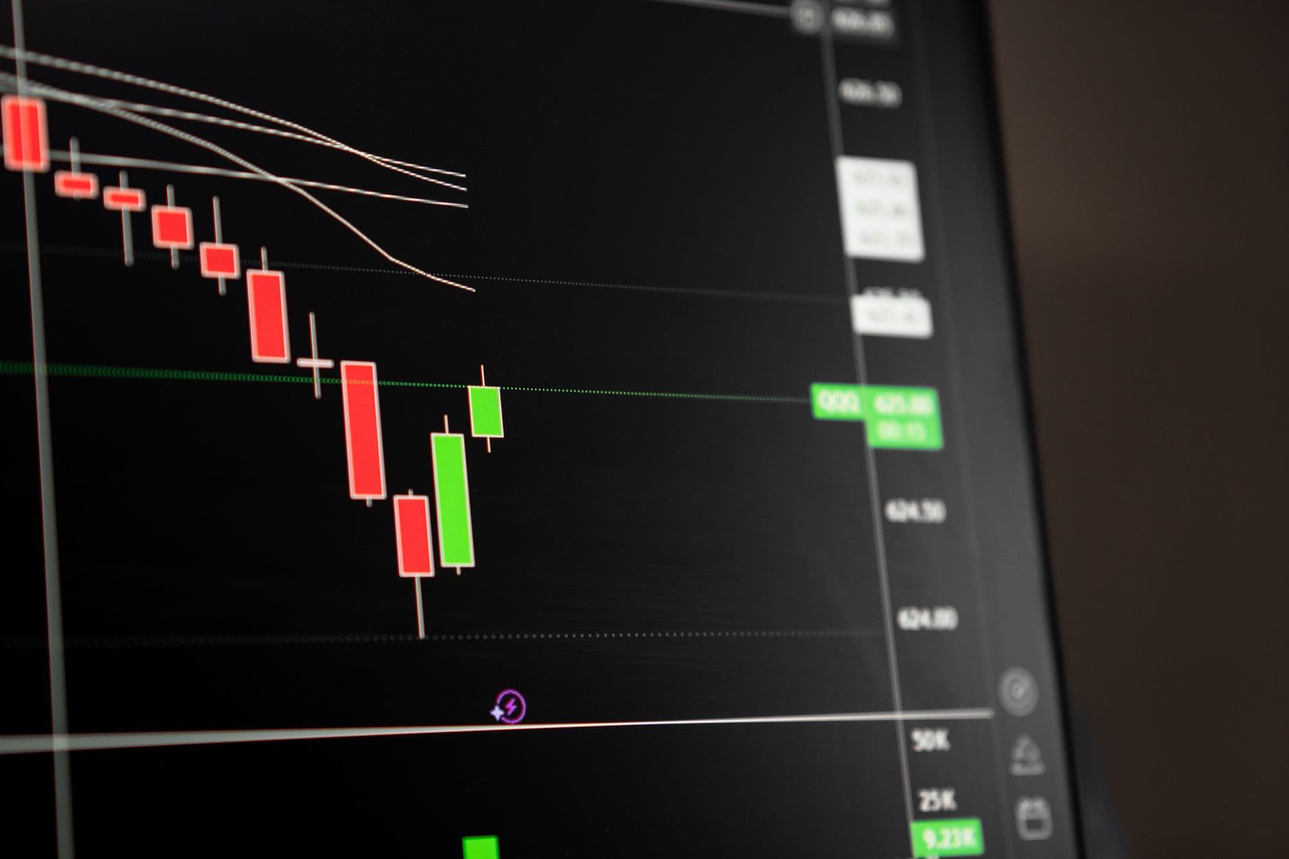 Candlestick chart showing a downward trend in the stock market