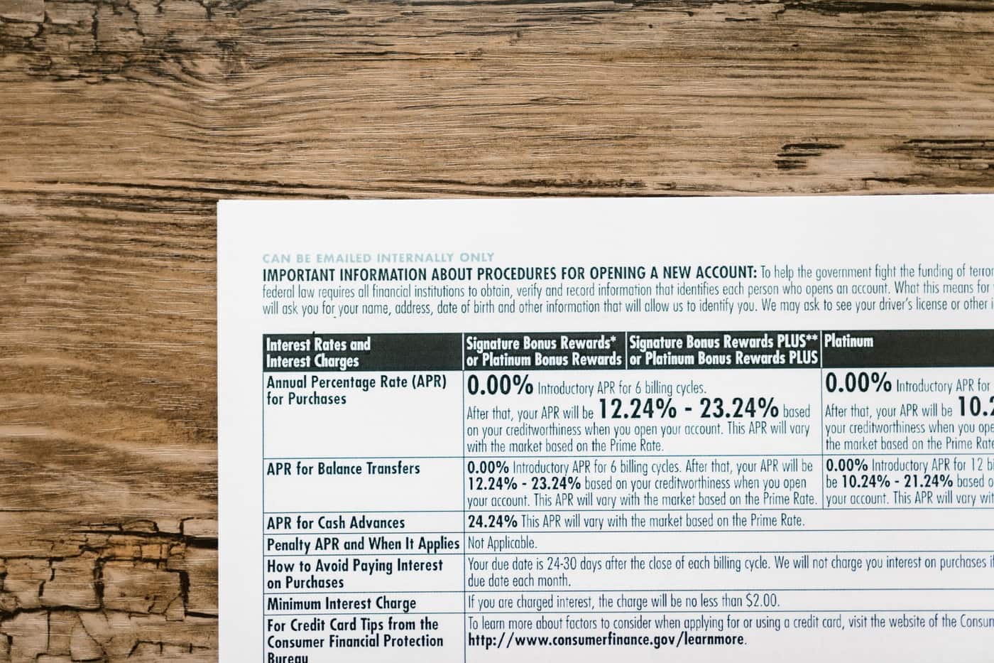 A detailed financial document listing interest rates on a textured wooden table
