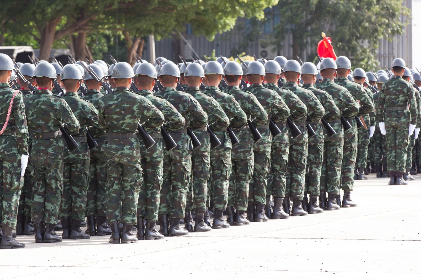 Soldiers in khaki uniform seen from behind, lining up in rows during a military ceremony