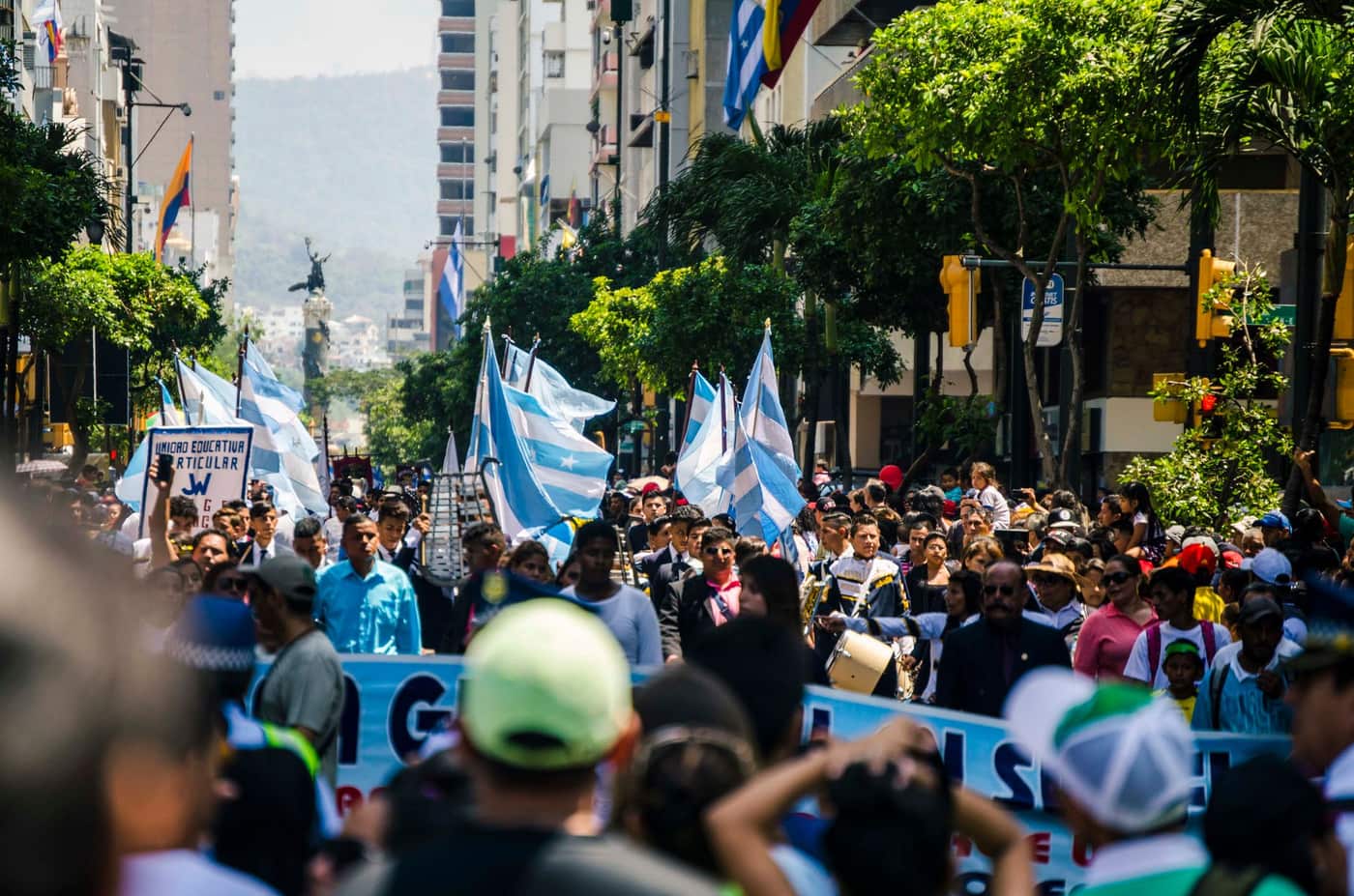 A crowd of people gathered on an urban street holding flags and signs
